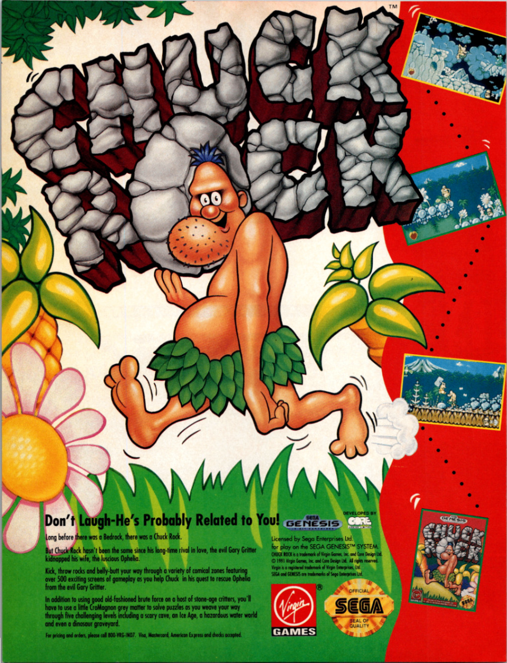 Virgin Games Chuck Rock Sega Genesis Vintage 1991 Full Page Magazine Ad Print