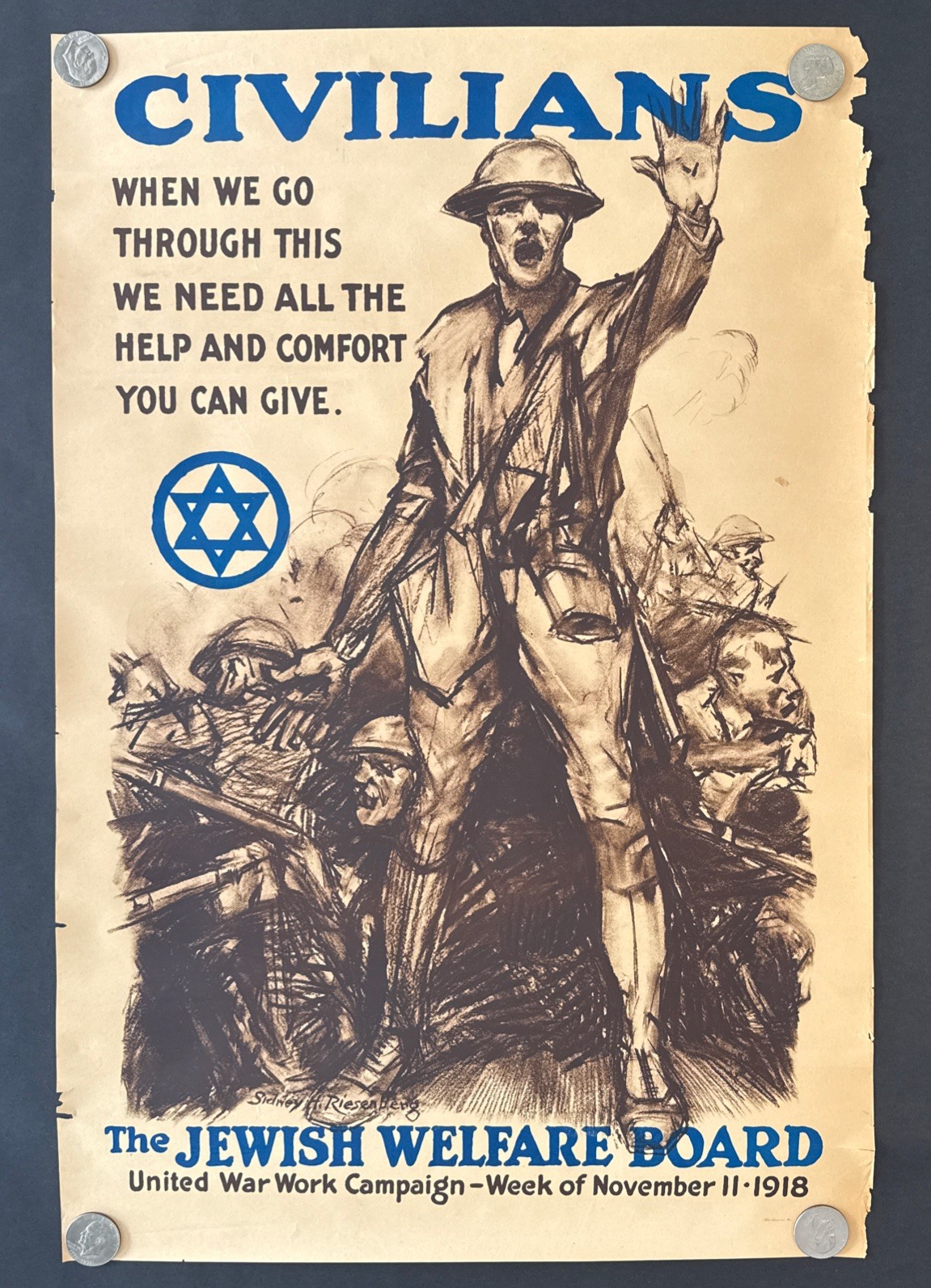 Original  WW1 VTG Jewish Welfare Board Lithograph Poster. Riesenberg  1918 