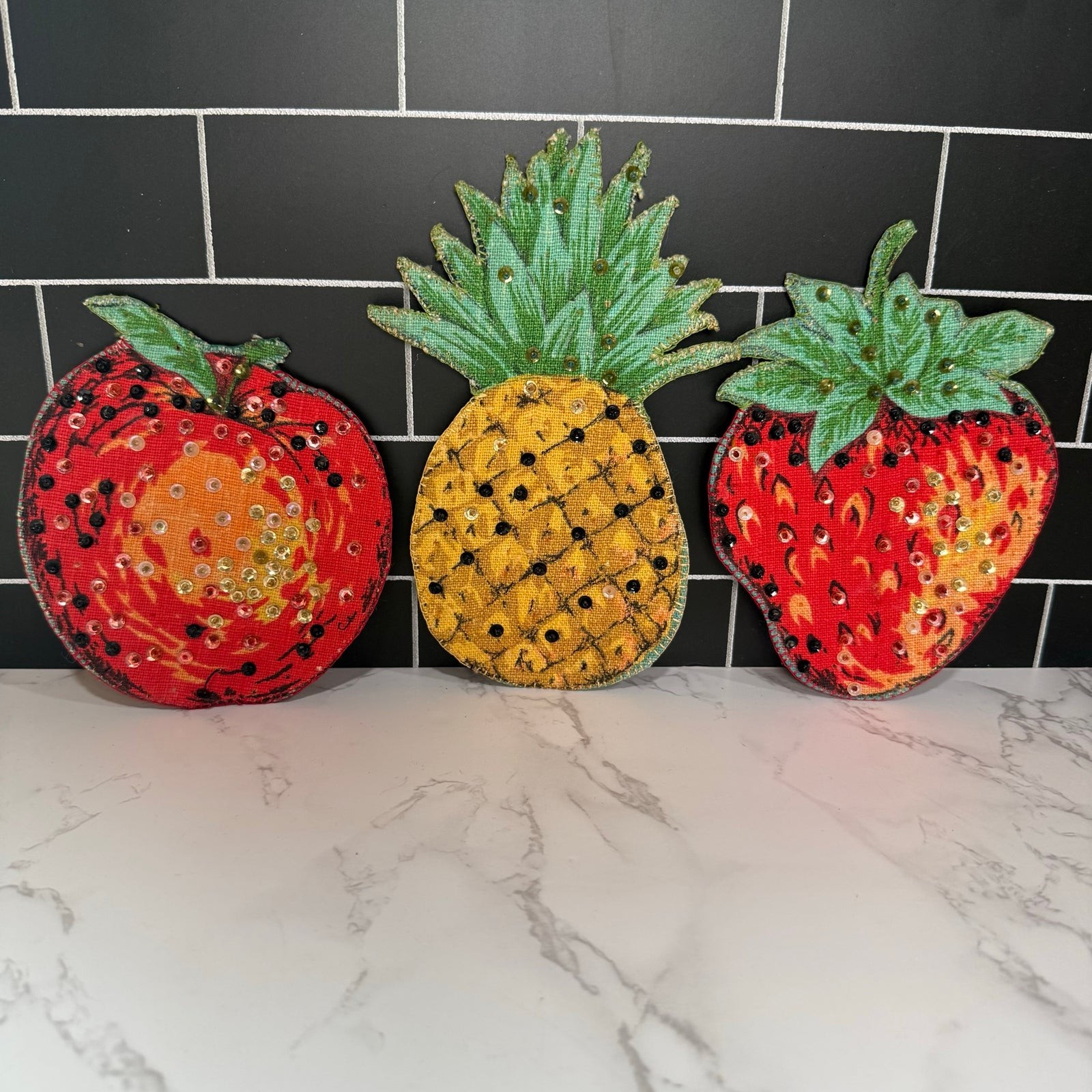 Vtg 70s Burlap Sequin Fruit Refrigerator Magnets Set of 3