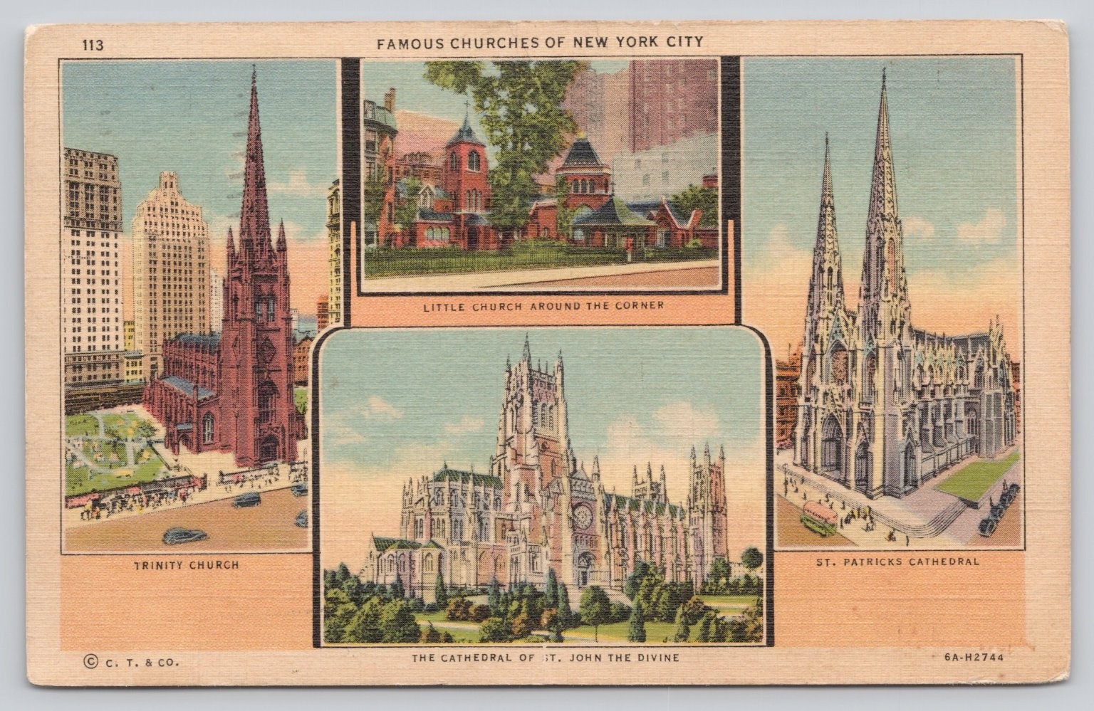 1938 NYC Famous Churches Postcard - Trinity, St. Patrick\'s, St. John the Divine