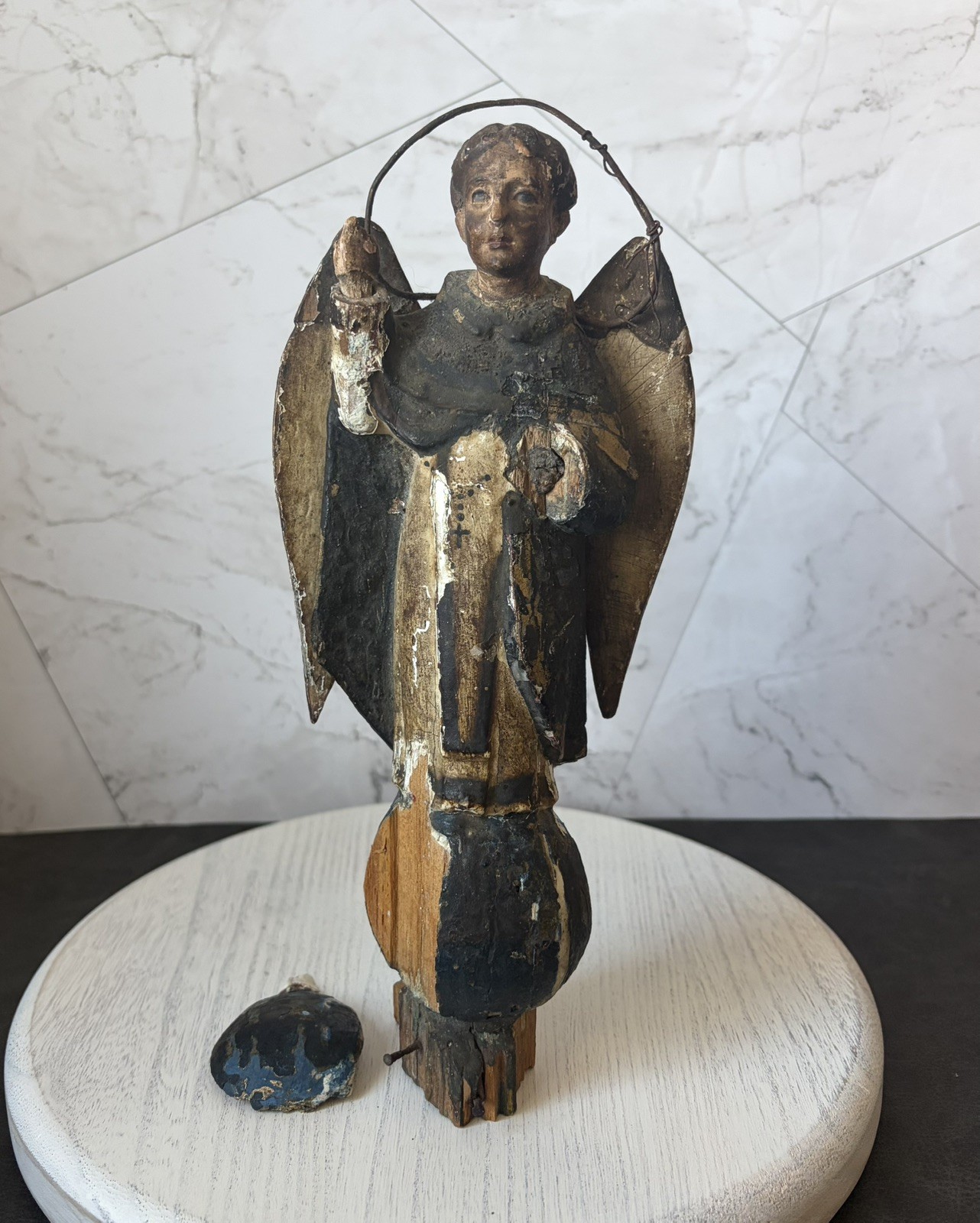 Antique 11” Saint Vincent Ferrer Santo Winged Carved Wood Polychrome Statue