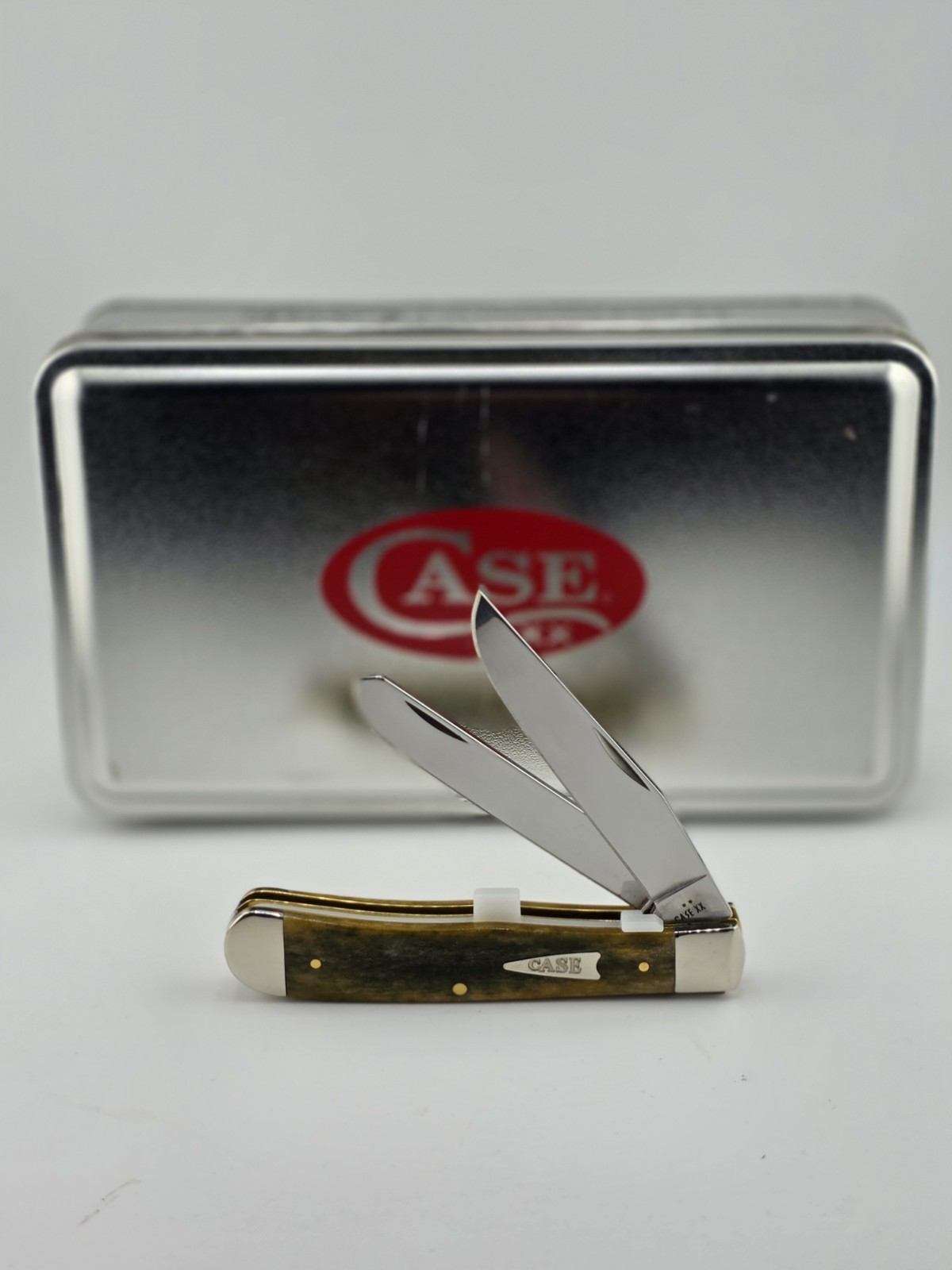Case XX #10865 Olive Green Bone Smooth Trapper 6254 SS Tin Box Knife