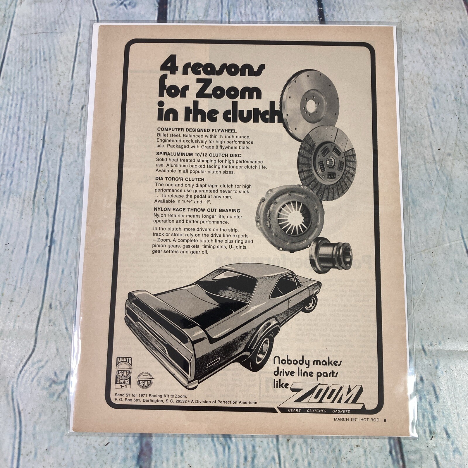 1971 ZOOM Clutch Hot Rod Car Garage Vtg Print Ad/Poster Promo Art Magazine Page