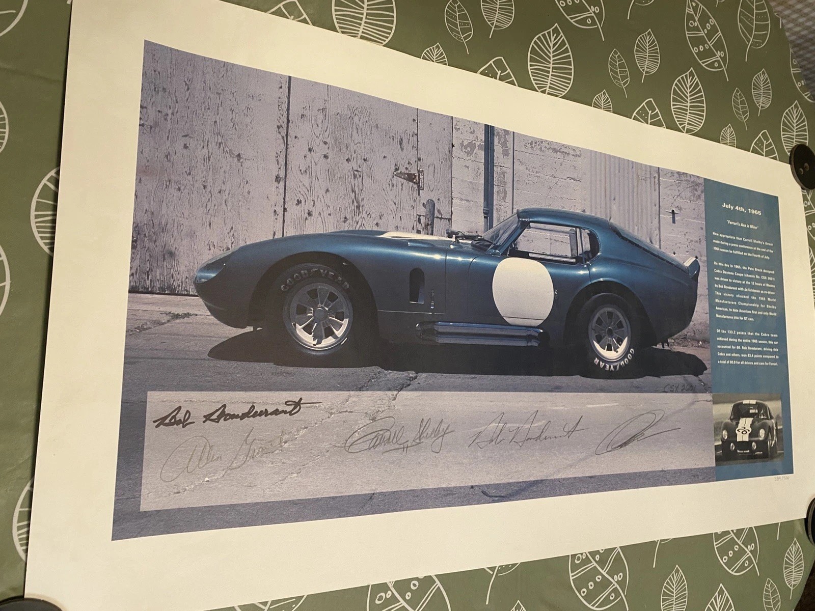 CARROLL SHELBY SIGNED Daytona Cobra Coupe Championship Poster, LIMITED EDITION