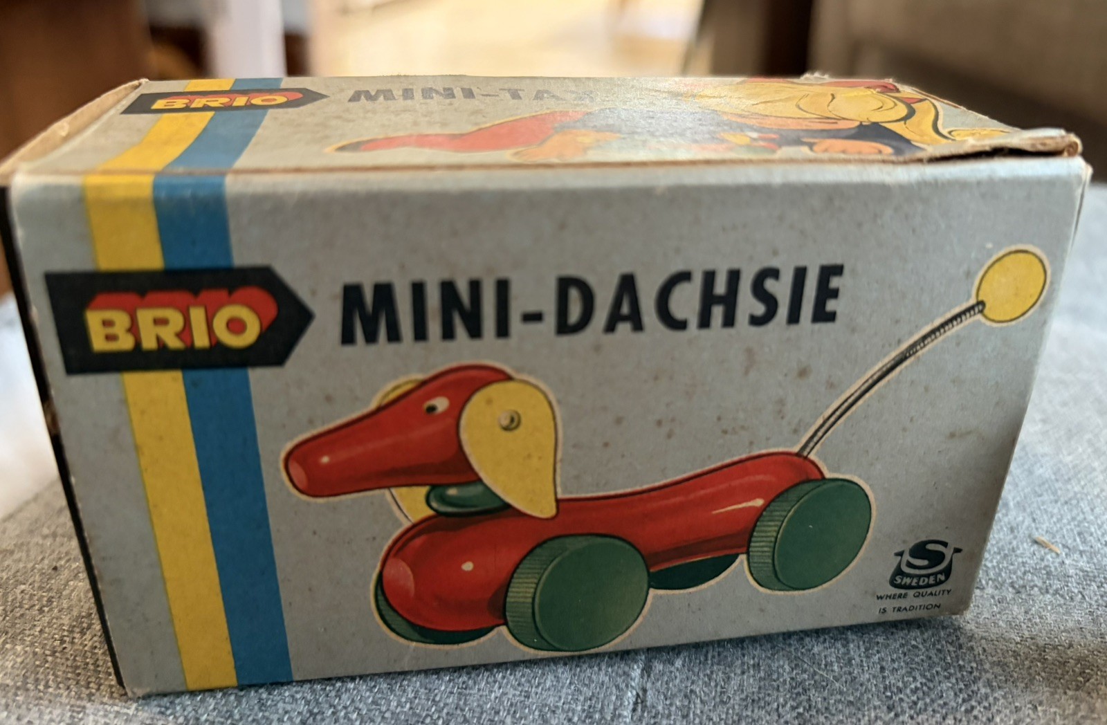 MIB BRIO WOODEN DACHSHUND DOG -- mini-tx in box, unused mint, WOW brio - 60's 
