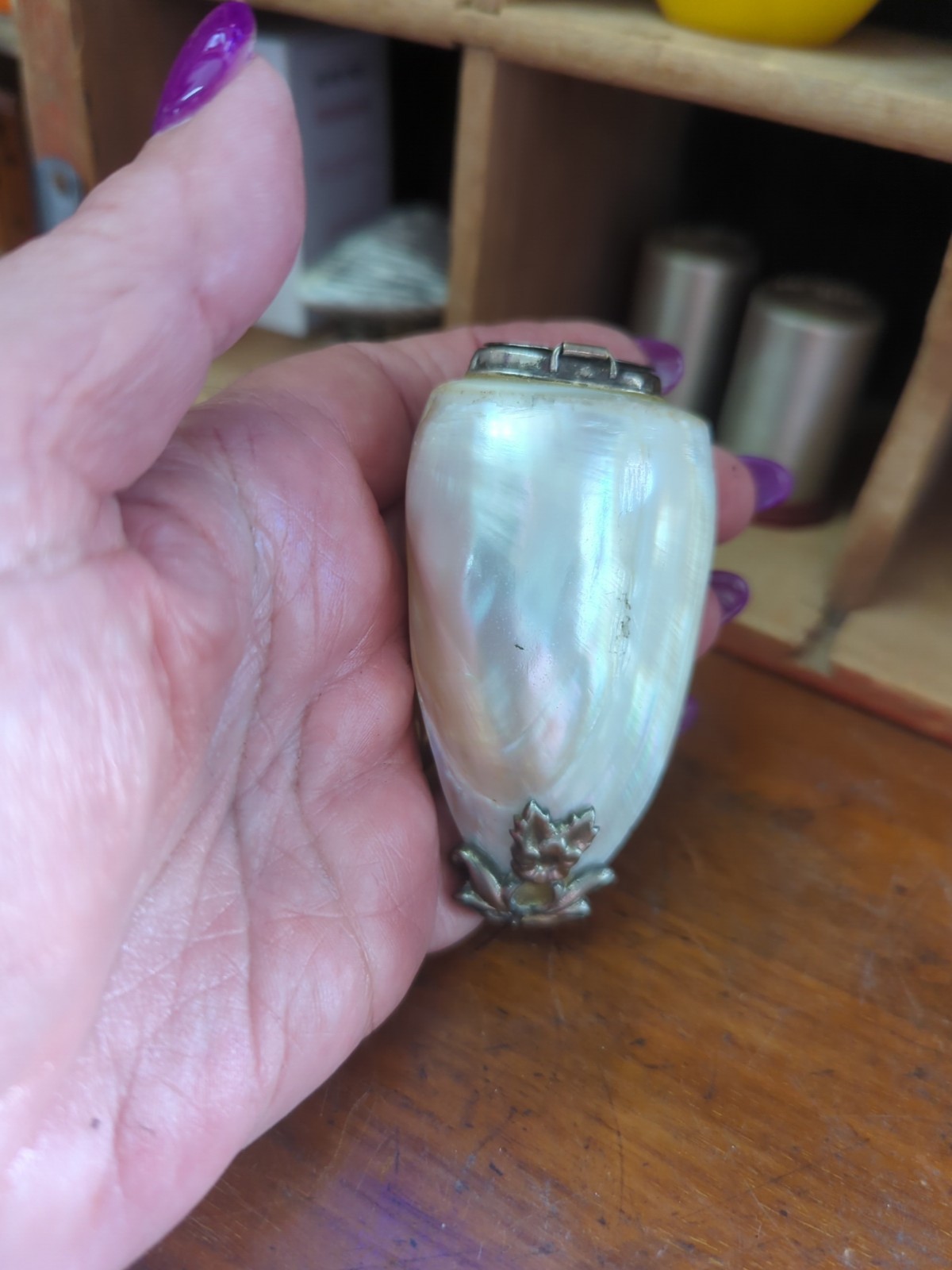 Antique Victorian Mother Of Pearl & Silver Snuff Box Bottle Jar Sea Shell