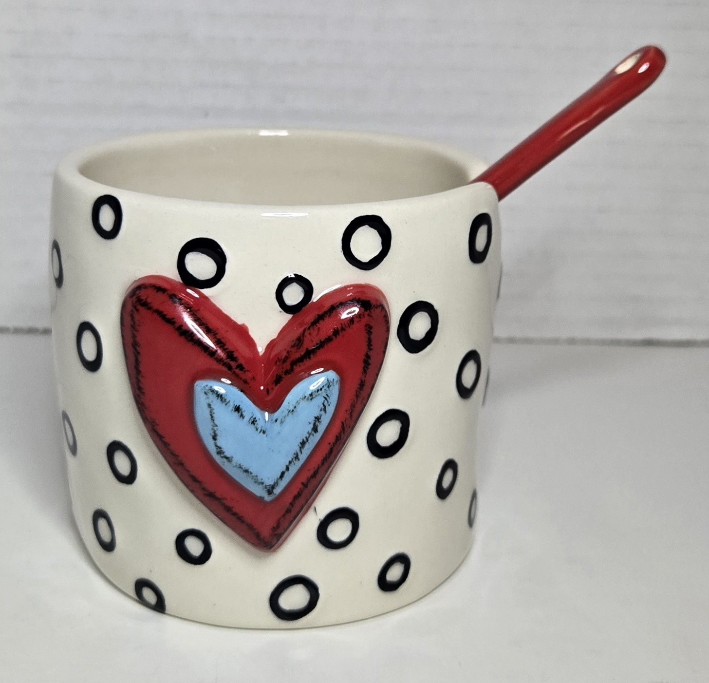 2019 DEMDACO Heartful Home Polka Dot Blue Red Heart Tea Cup Tracy Pesche Spoon