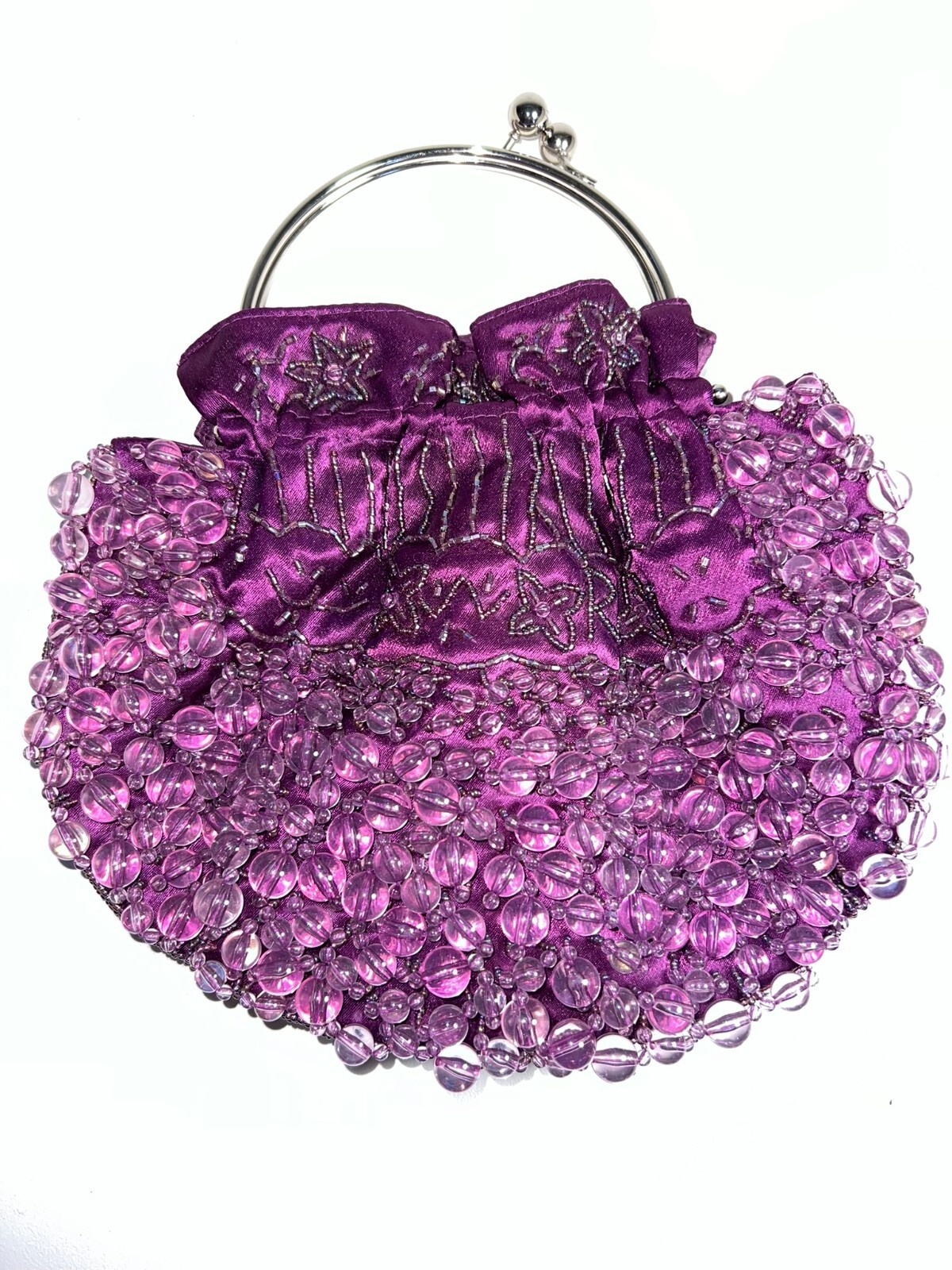 Vintage handbag Beaded & fabric design Short metal handle with chain strap