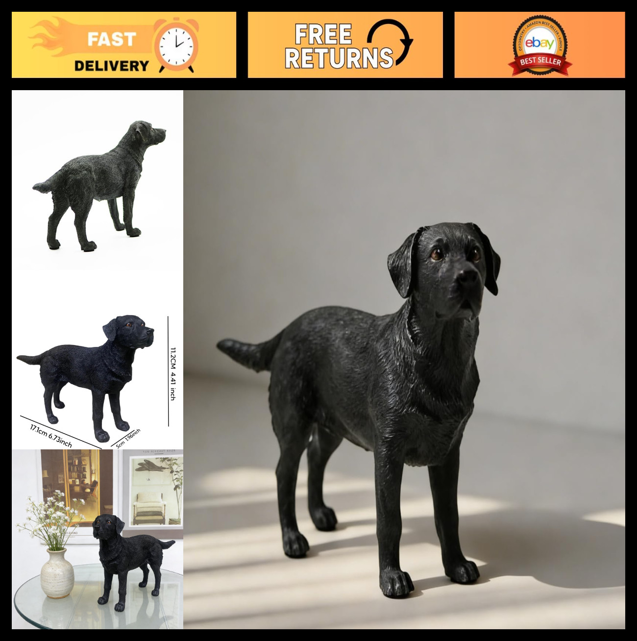 Lifelike Black Labrador Retriever Figurine - Realistic Dog Statue Home Decor