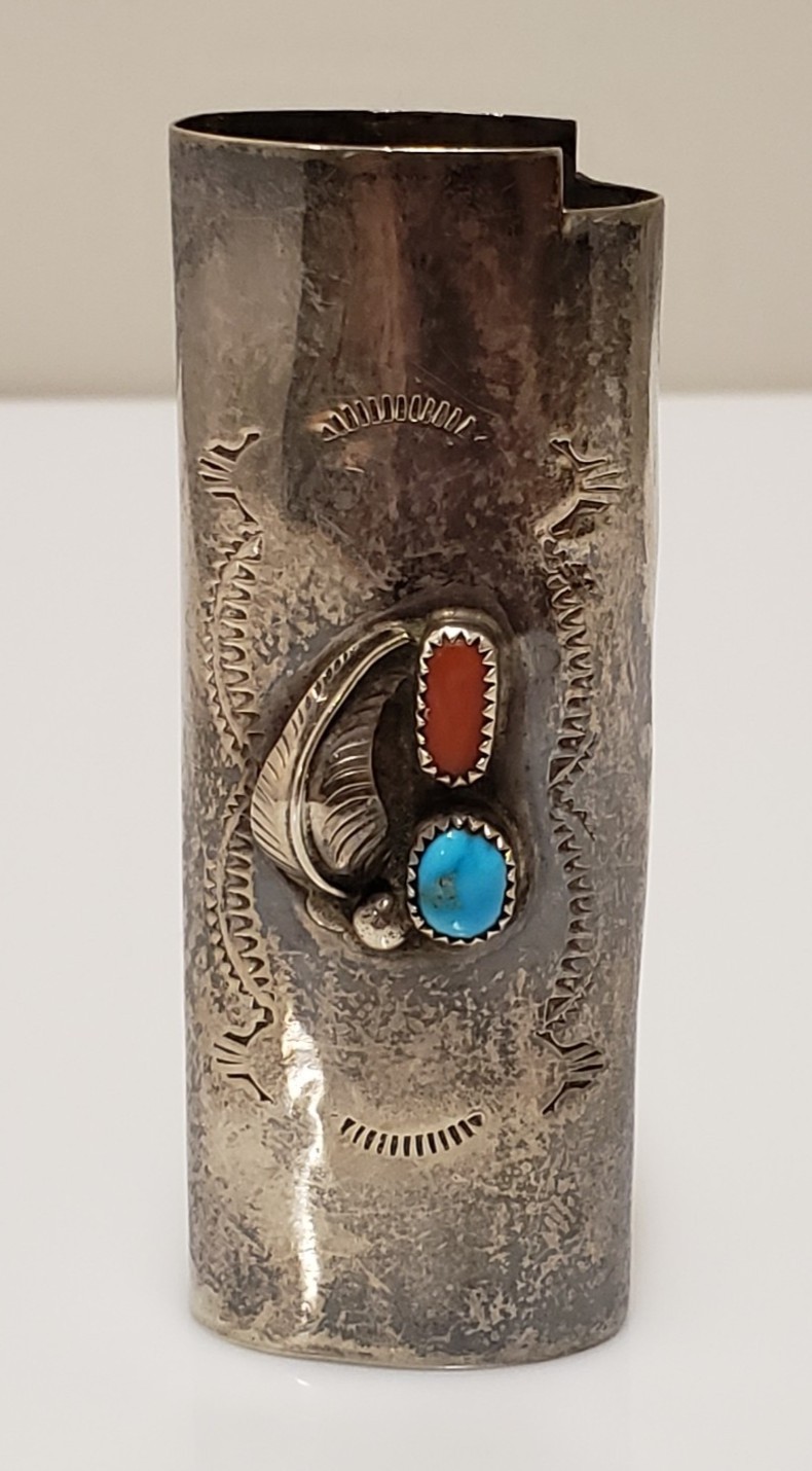 Vintage Navajo Signed PB Sterling Silver Turquoise Coral Lighter Case Holder