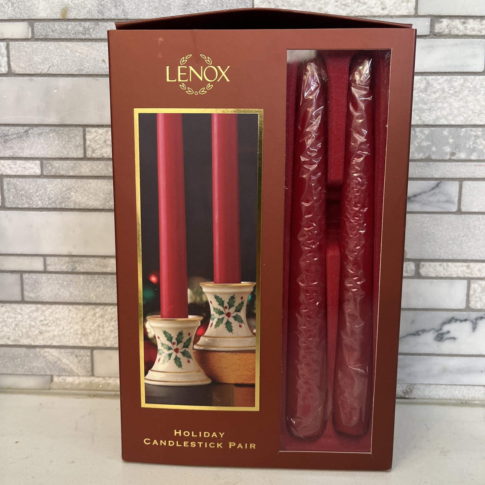 Lenox • Holiday Gatherings • Candlestick Pair with Tapers • Holly & Berries NIB