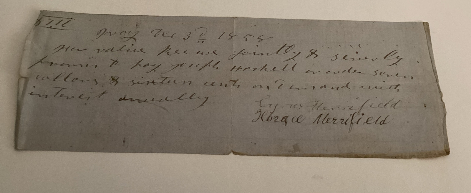 Handwritten Receipt Document ID Signed Horace Merrifield Troy 1858 Antique