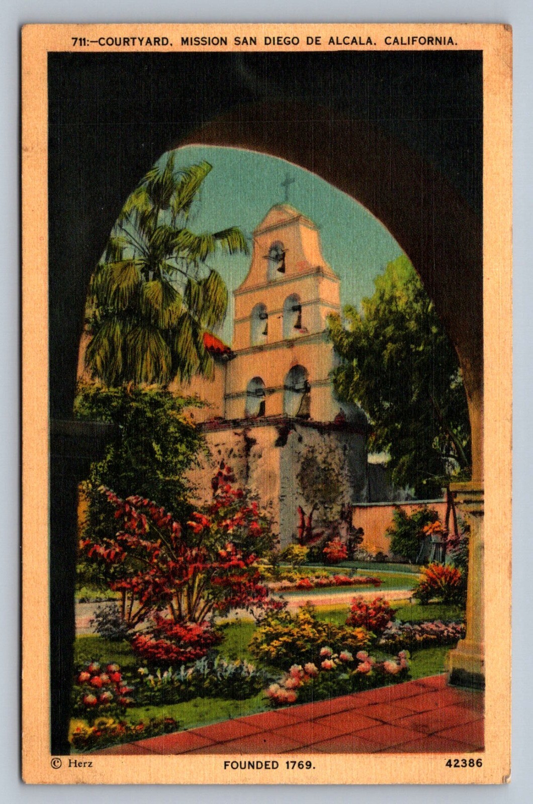 Postcard CA San Diego Mission San Diego de Alcala Courtyard Linen Flowers J141
