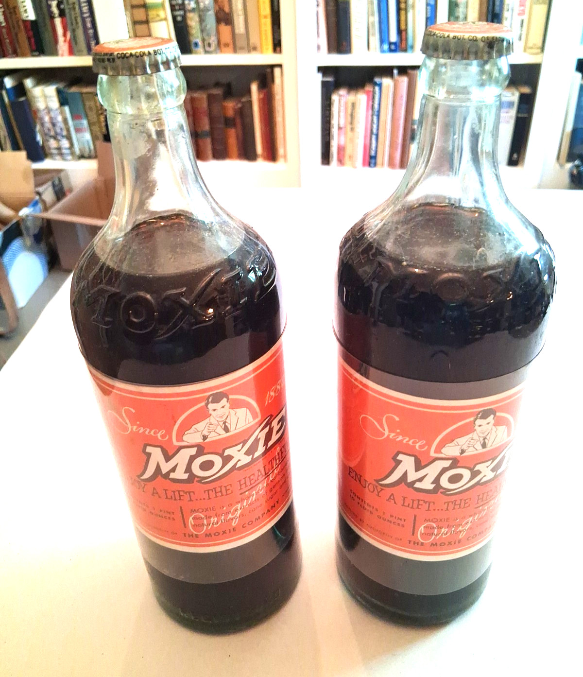 **2** FULL MOXIE 1 Pint 10 Ounce Vintage Soda Bottles w/Labels Rare Elixir 52oz.