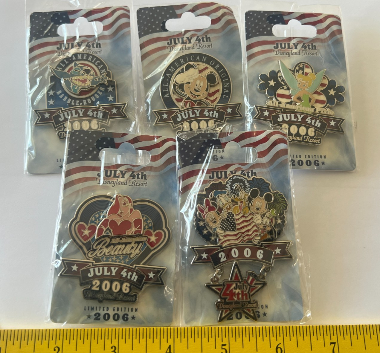 Disney July 4th 2006 Pin Set of 5 Mickey Tinker Bell Stitch Jessica Rabbit Seal