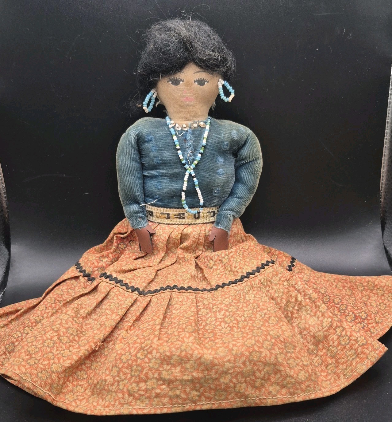 Vintage Navajo Native American Cloth Rag Doll Velveteen Skirt Signed PJ Mark