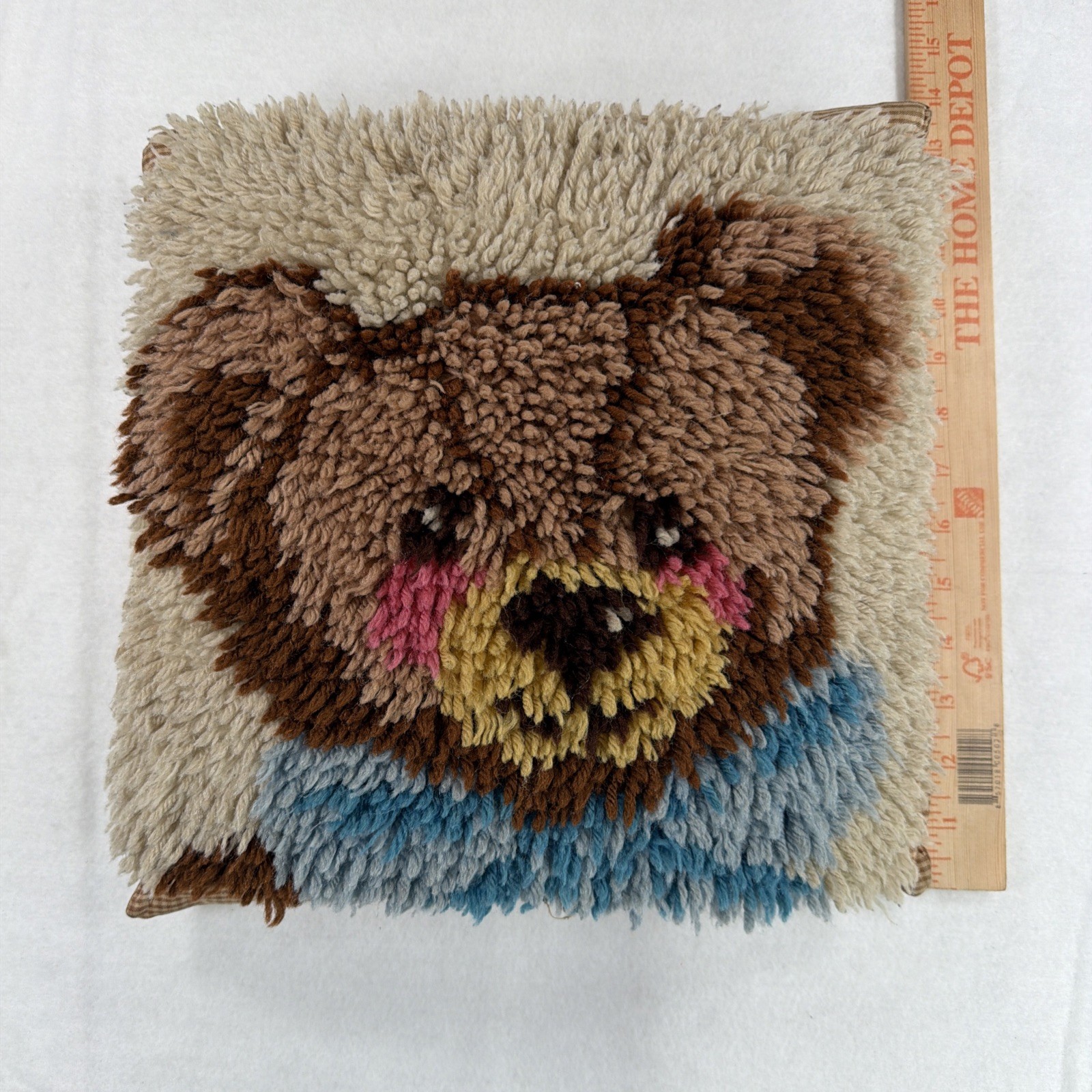 VTG Handmade Latch Hook Teddy Bear Pillow 13x13 Finished Gingham Back Cushions