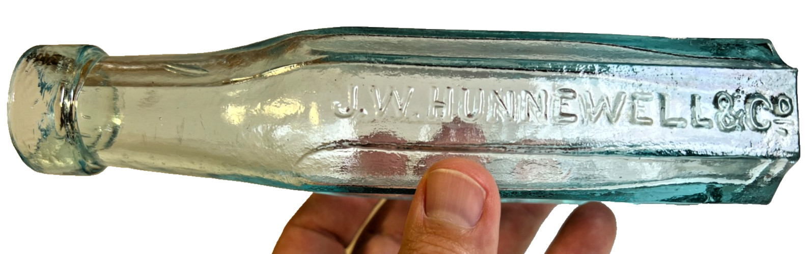 c1880 J W Hunnewell & Co Boston 8-Sided Aqua Pickle Condiment Bottle
