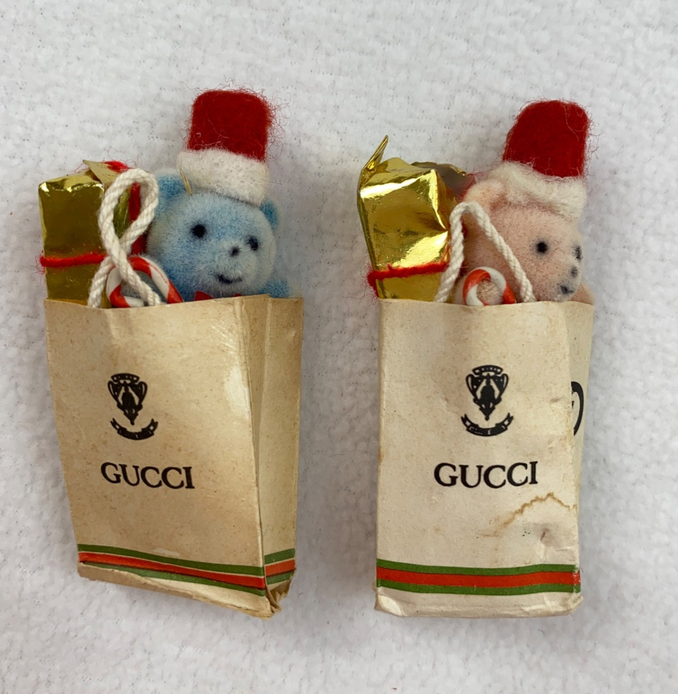 2 VTG Gucci Mini Flocked Bears & Gifts Shopping Bag Ornaments Pink Blue Rare