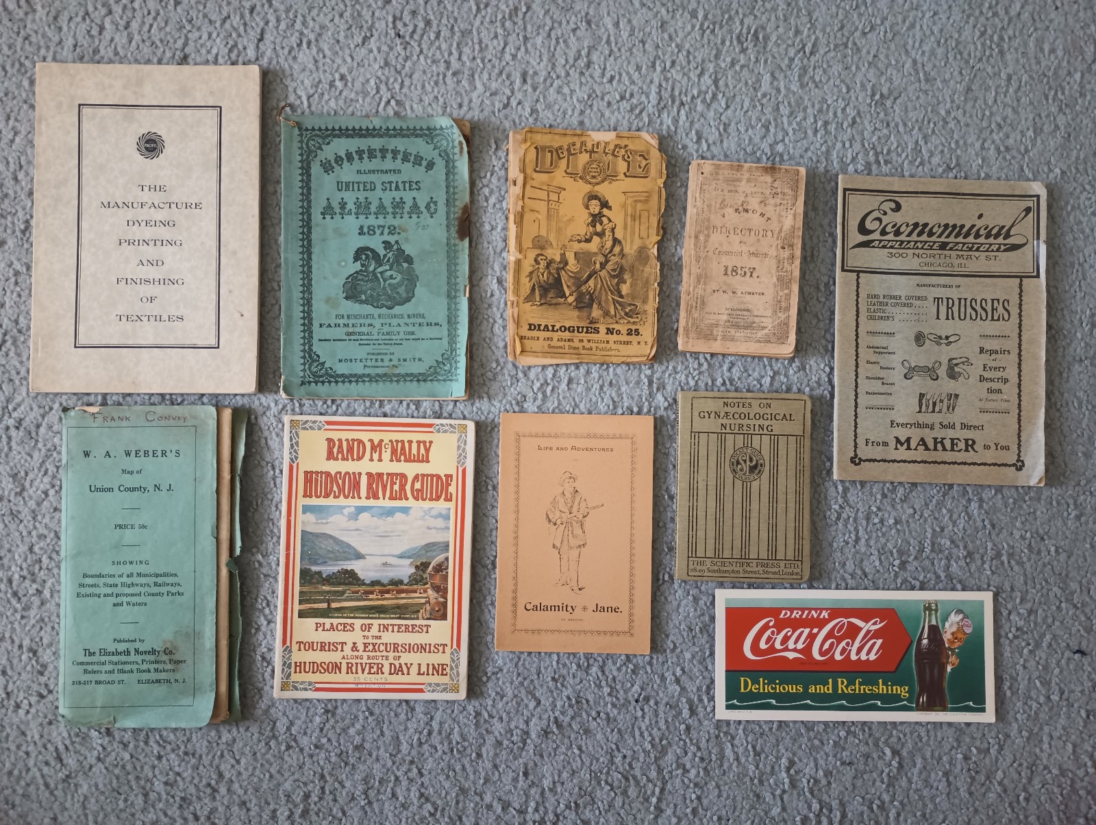 1800's 1900s Books, Almanacs, Ads, Antique Lot- CocaCola, Calamity Jane, Dime N