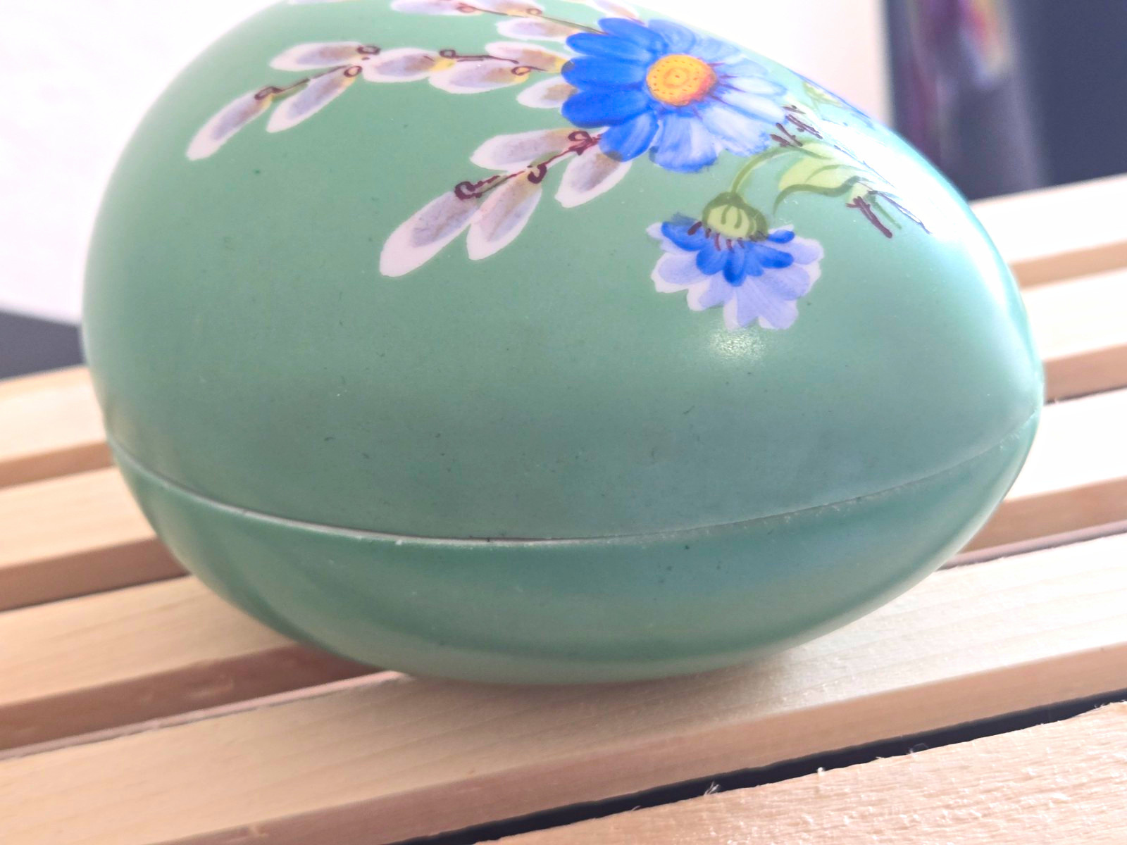 Vintage Green Ceramic Egg Trinket Box, Hand Painted Blue Floral, Germany Marked