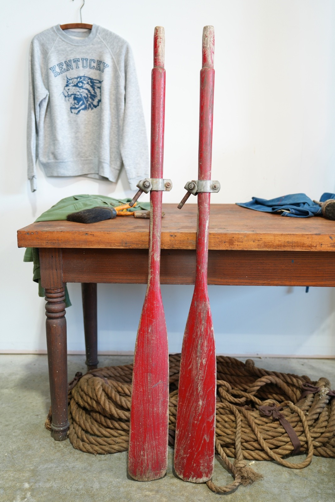 VINTAGE Wood Oars Boat Paddles Antique Old RED Paint w/ OARLOCKS