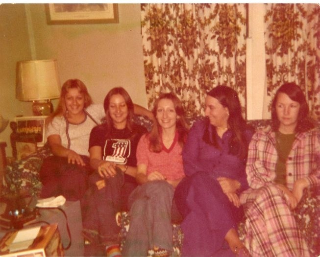 Vtg 1970s Found Photo Girls Sitting on Couch Fashion Snapshot