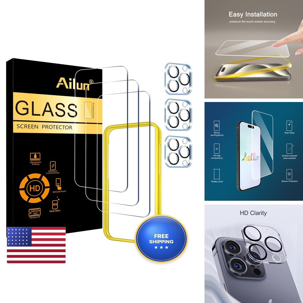 Ailun Screen Protector + Camera Lens Protector for iPhone 15 Pro, 3+3 Pack