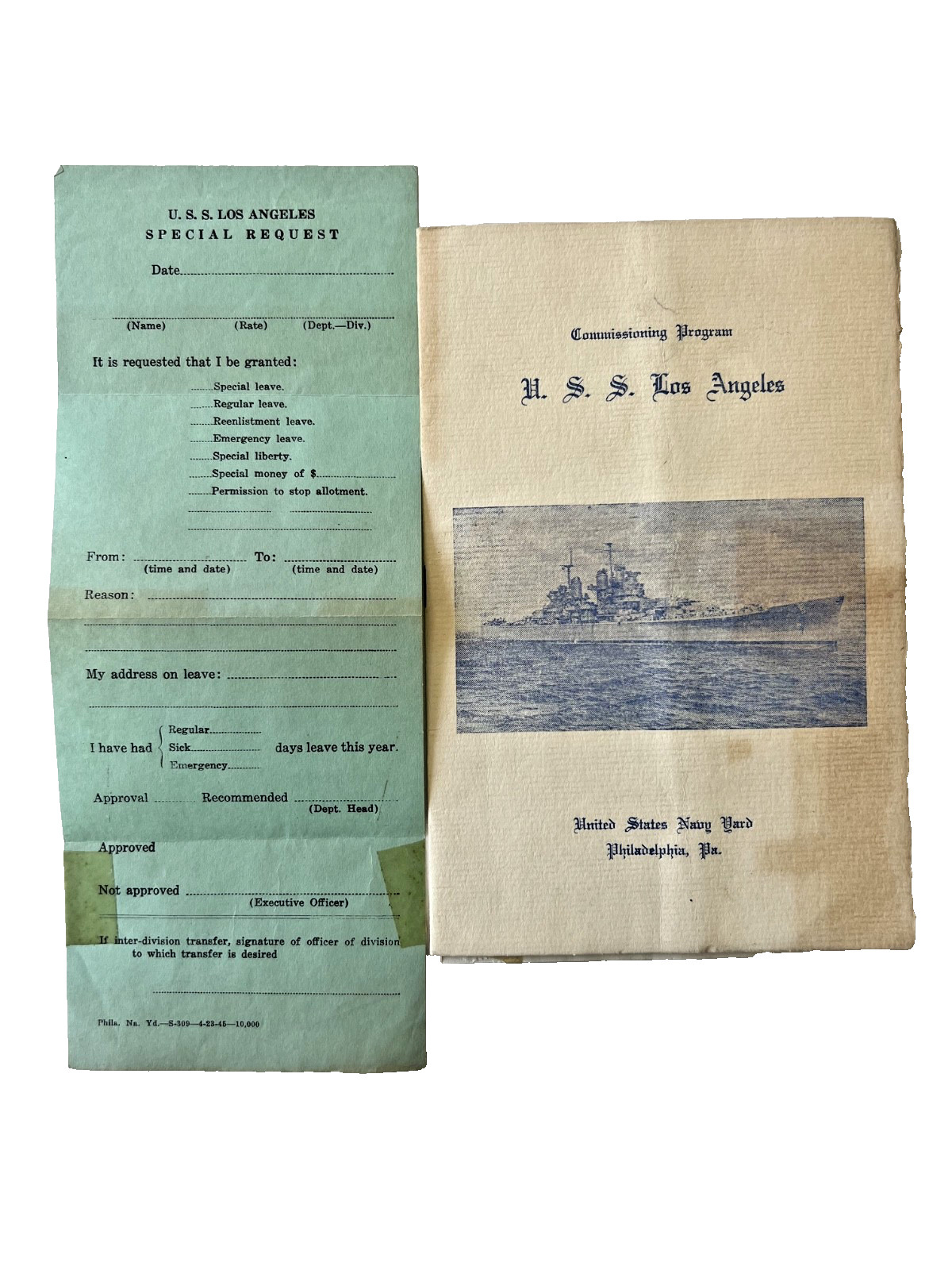Rare USS LOS ANGELES COMMISSIONING PROGRAM 1945 + Invite & Special Req Form 7F