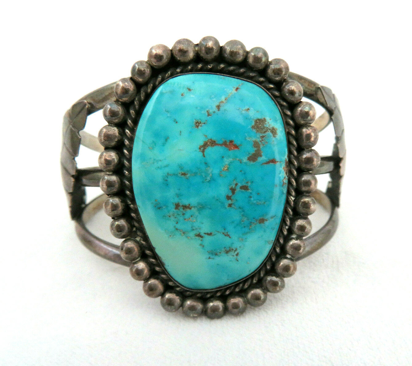 Vintage Native American Navajo Sterling Silver & Large Turquoise Stone Bracelet