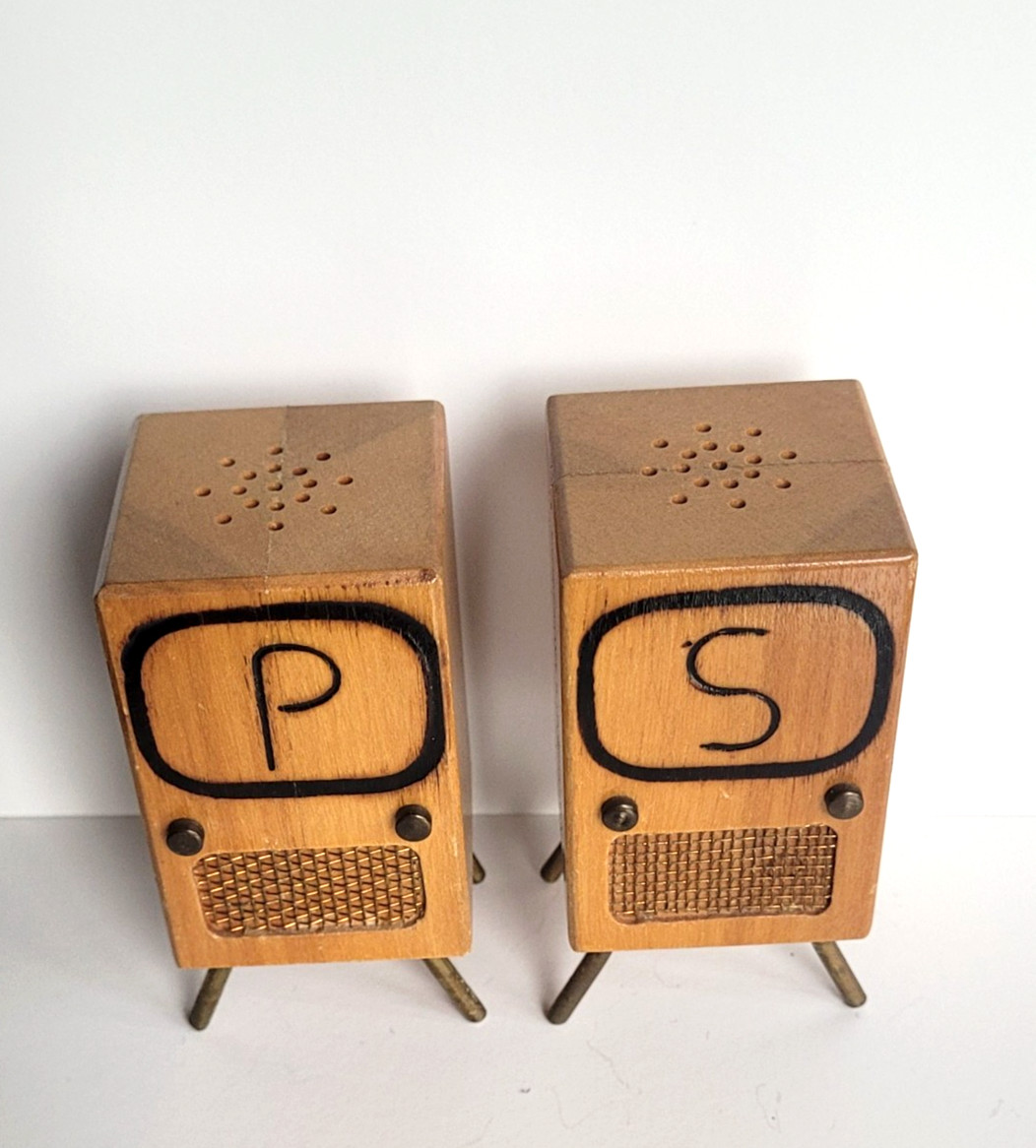 Vintage Mid Century Modern Wooden TVs Salt & Pepper Shakers