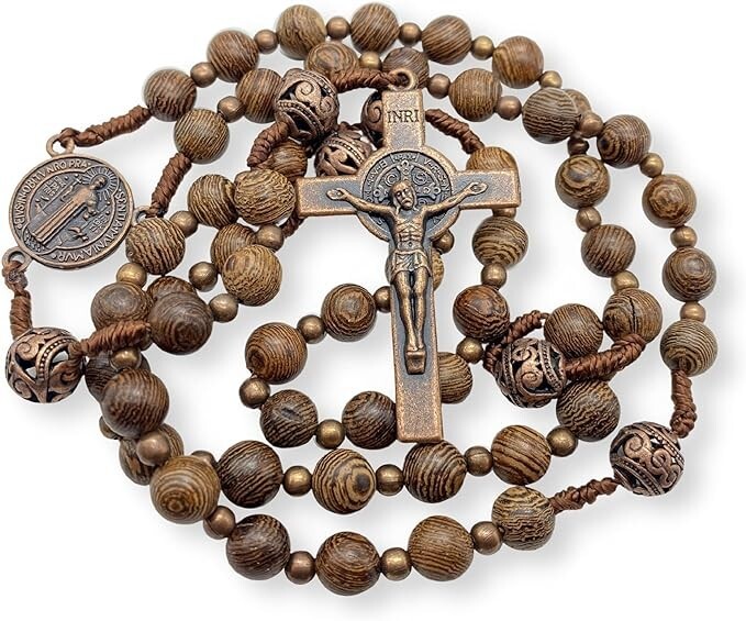 Sacred Wooden Rosary St Benedict Solid Wood & Metal Beads Catholic Chaplet