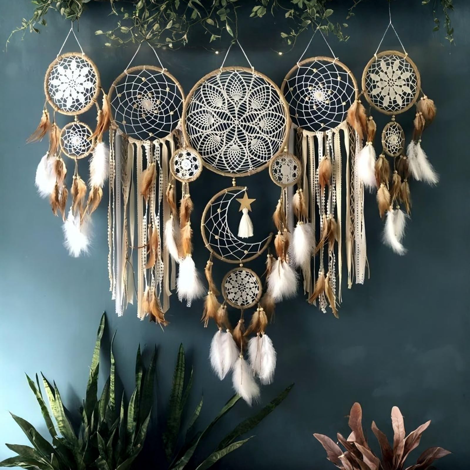 Wall Decor,Large Boho Dream Catcher with Luxurious Feathers & Beads, Handmade