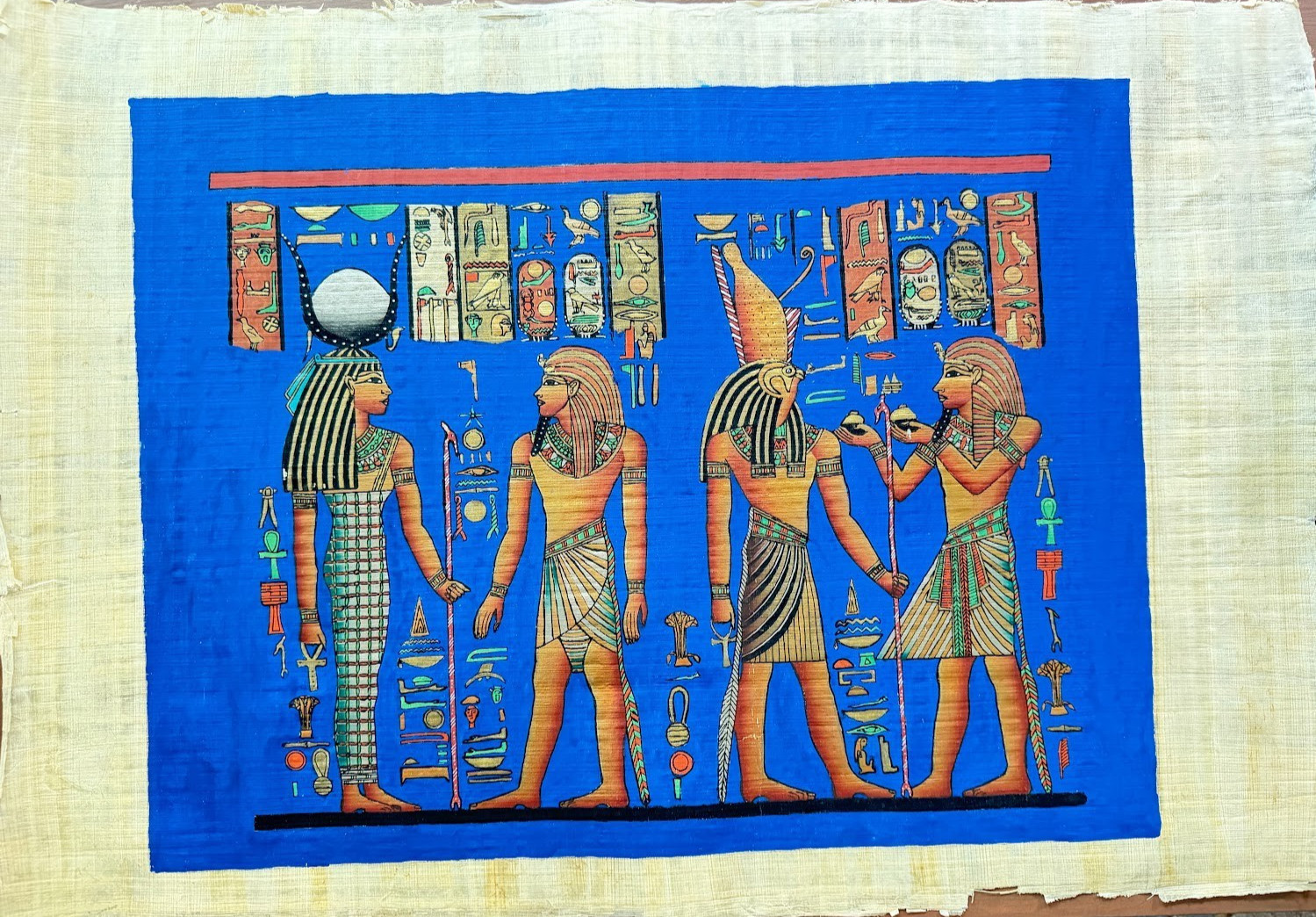 Large Egyptian Papyrus Four Figures Blue 24x16 Attributed Adel Ghabbour Hand Pai