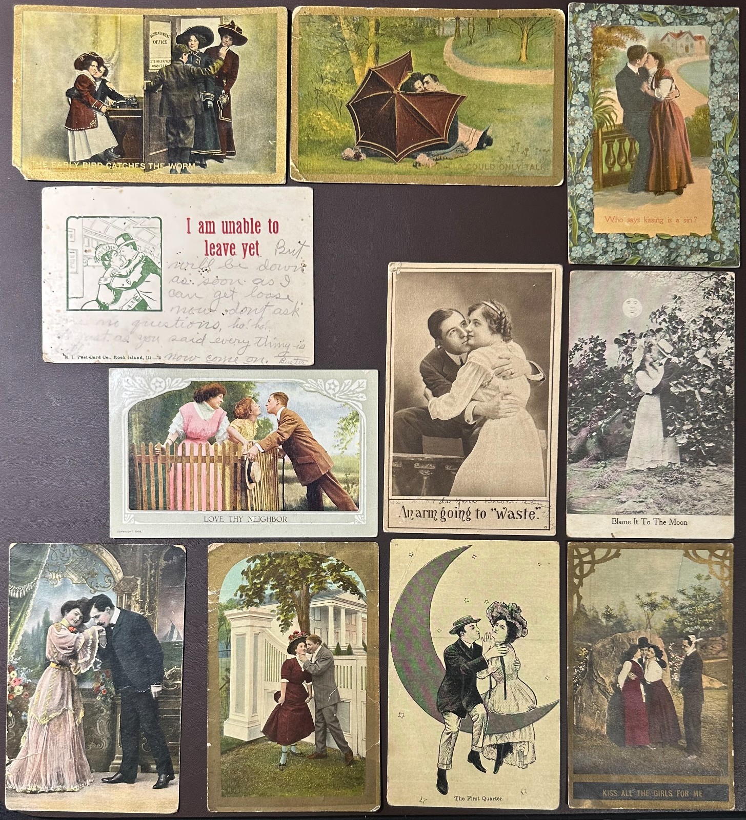 Lot of 11 Antique Romantic Kissing Couple Postcards — 1908–1911 — Edwardian Era