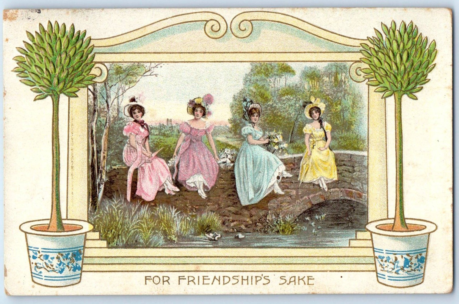 1910 Four Pretty Women Sitting On Small Bridge With Hat Embossed Posted Postcard