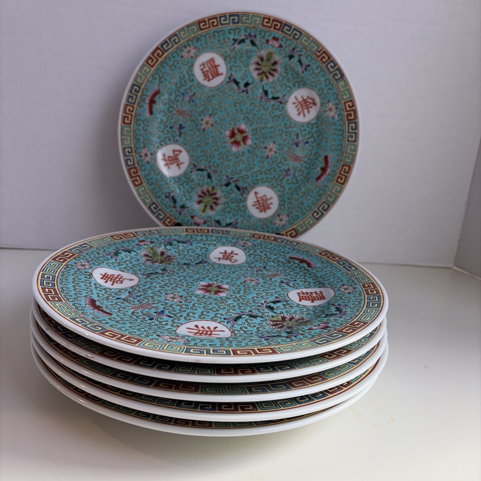 Set of 6 Vintage Chinese Turquoise Mun Shou Porcelain 9.78” Dinner Plates EUC