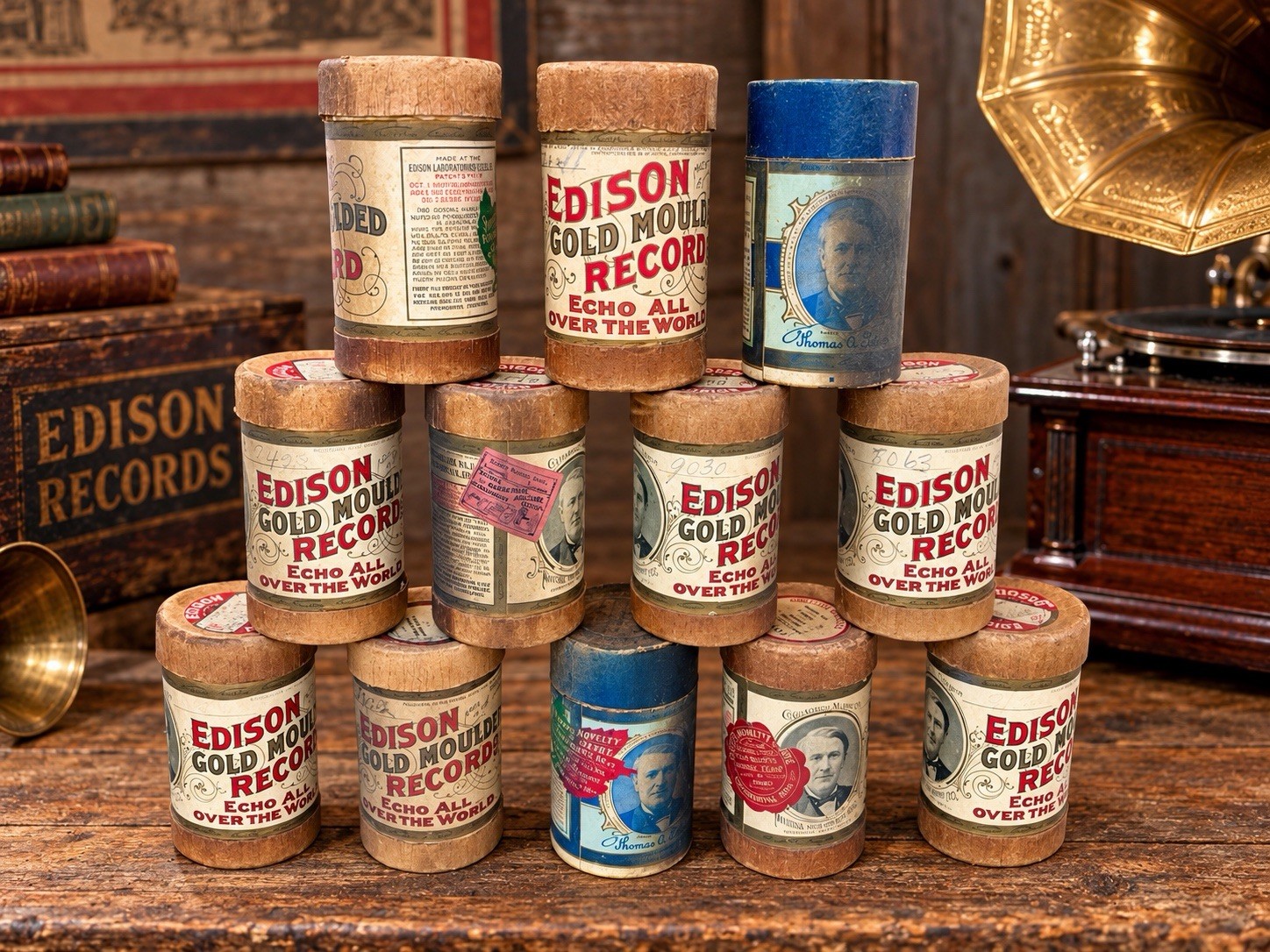 Lot of 12 Vintage Edison Gold Moulded Records Phonograph Cylinders