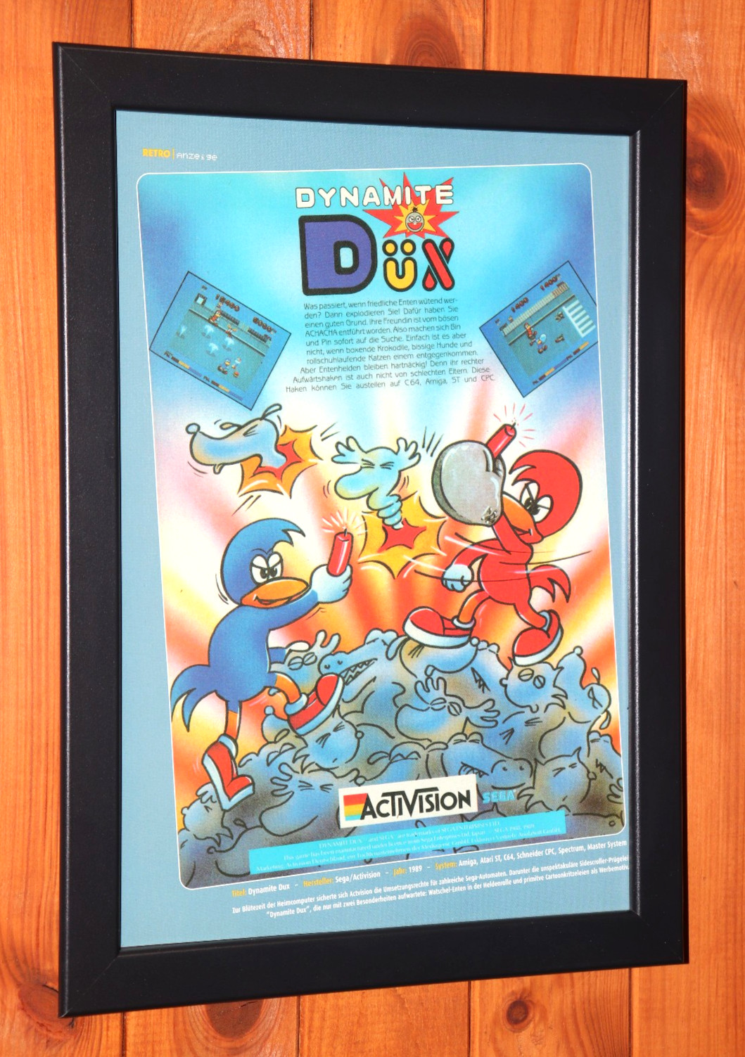 Dynamite Dux Amiga Commodore 64 Old Rare Promo Small Poster / Ad Page Framed