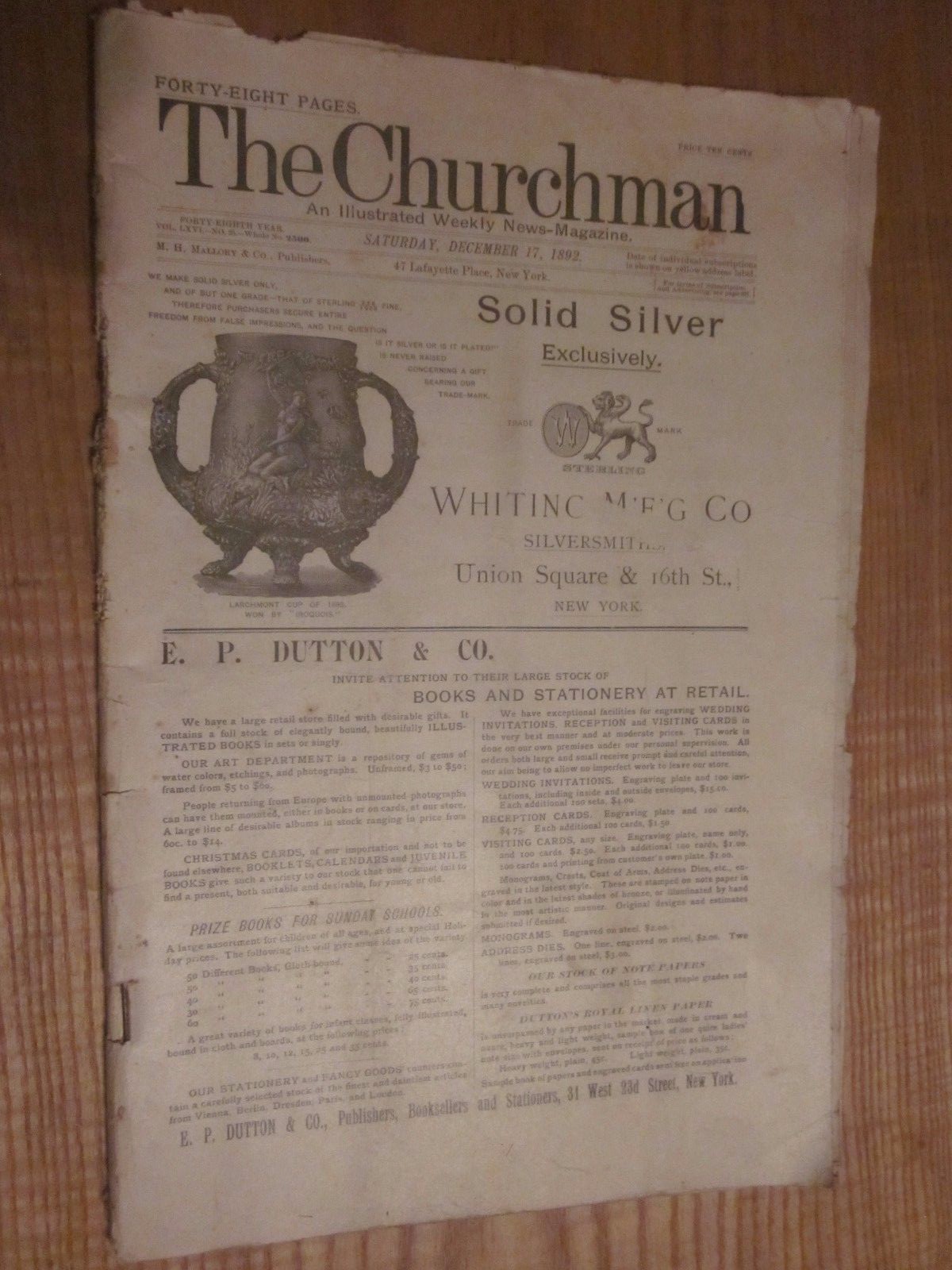 1892 The Churchman Magazine News December 17 Larchmont Yacht Cup Trophy