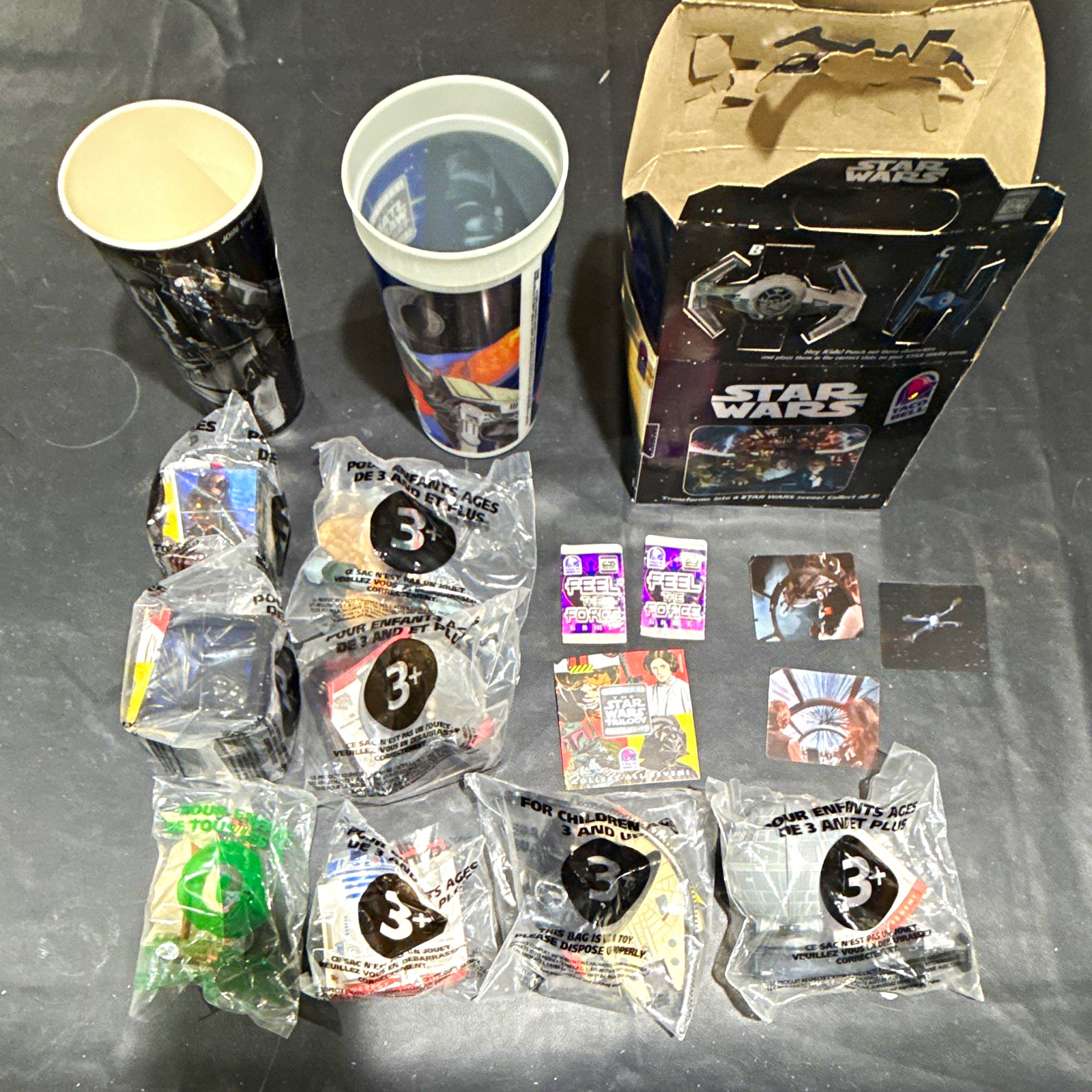 Complete 1997 Taco Bell Star Wars 8-Toy Sealed Set + Cups, Kids Meal Box