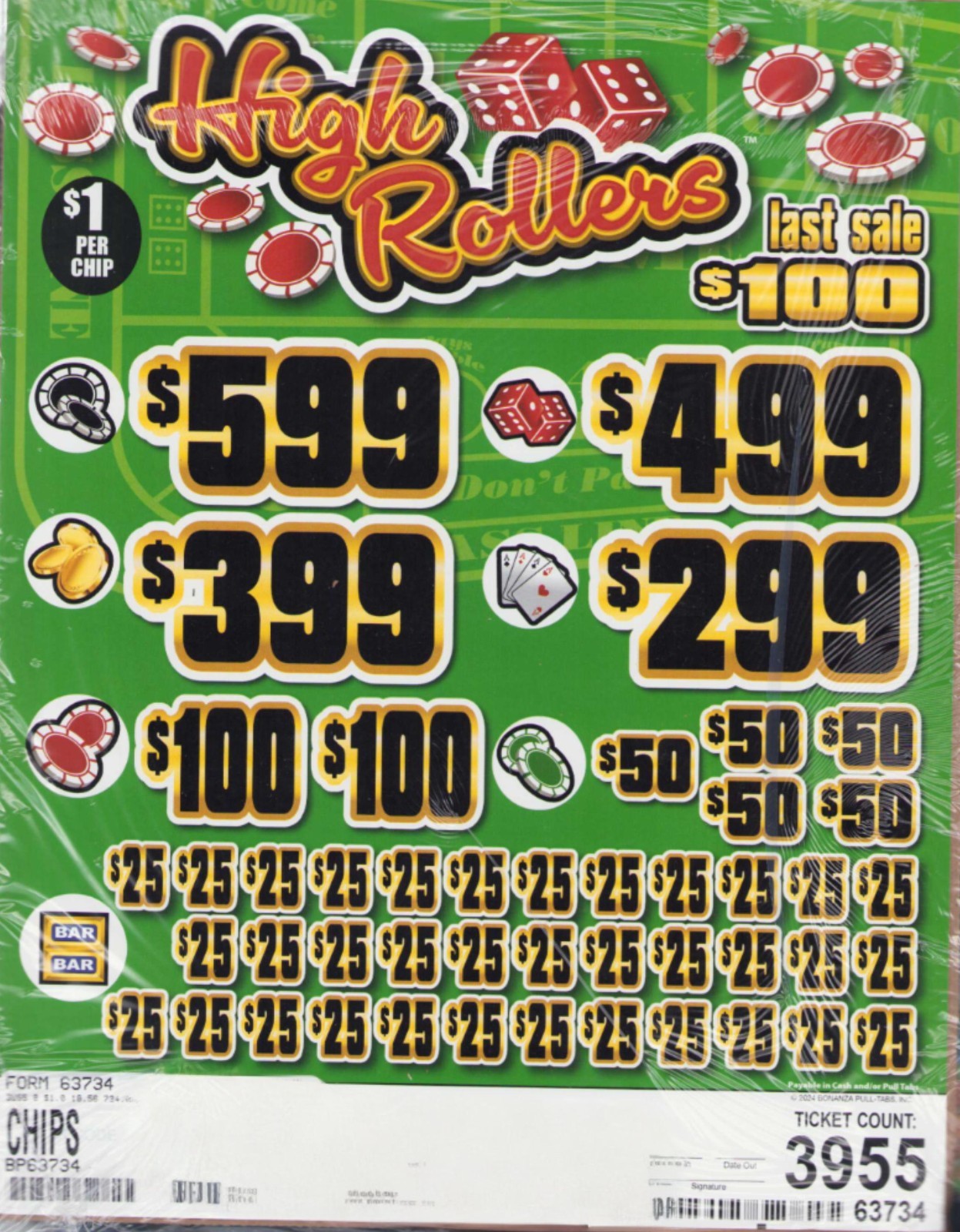 Pull Tickets - Chip Tickets - High Rollers - 3,955 ct