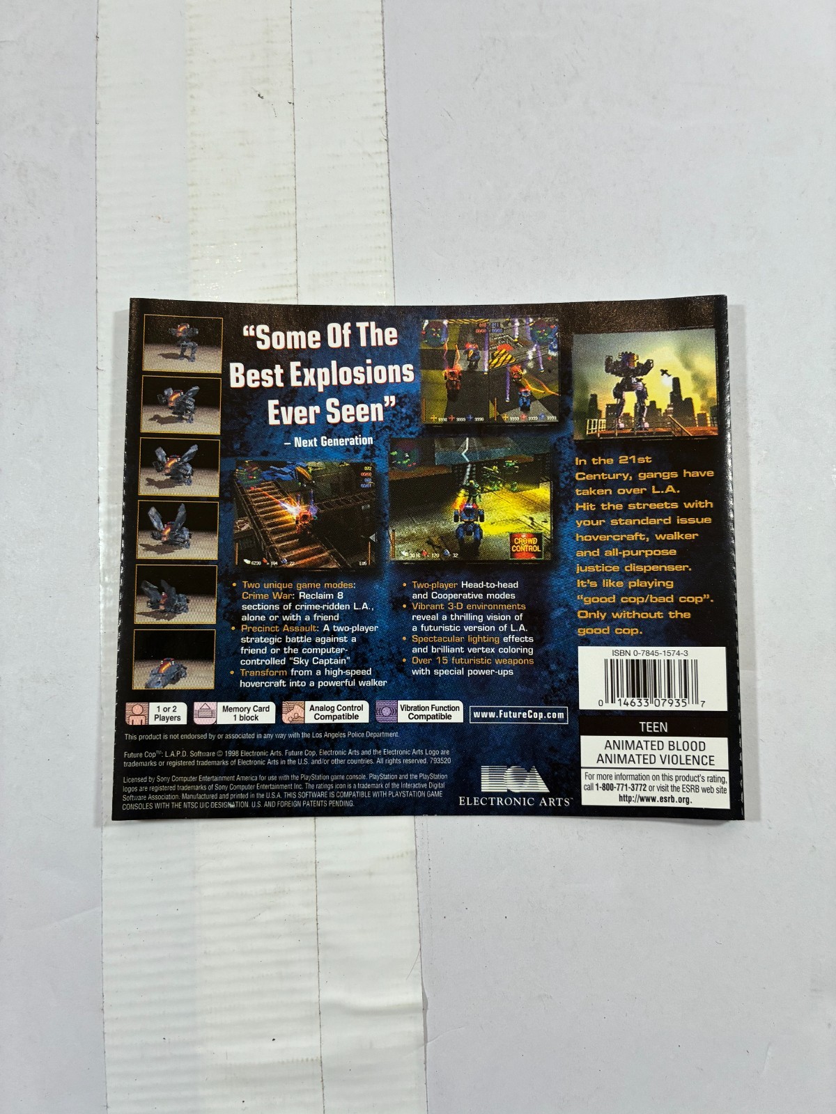 Play Station 1 Future Cop: L.A.P.D. Game Back Cover, Pre-Owned