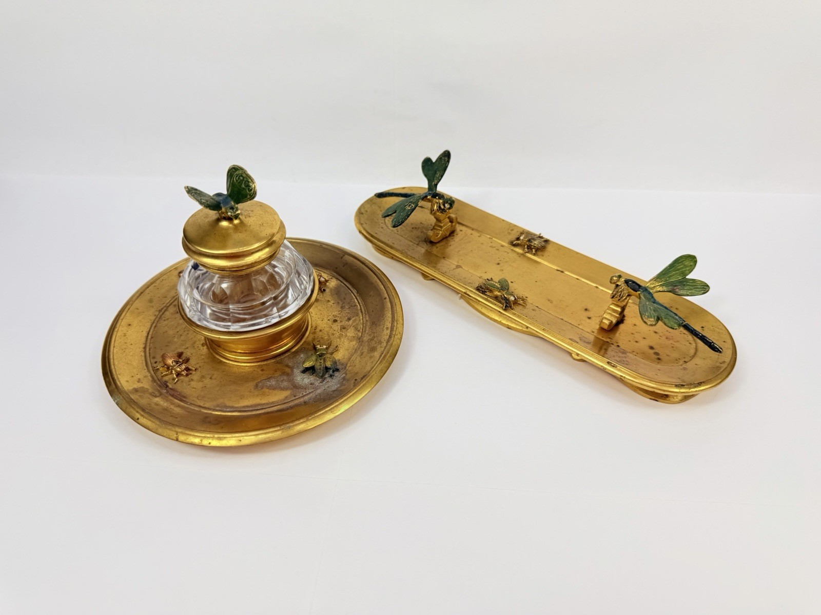 Antique Art Nouveau Gilt Metal Inkwell Pen Tray Set Dragonfly Beetle Insects