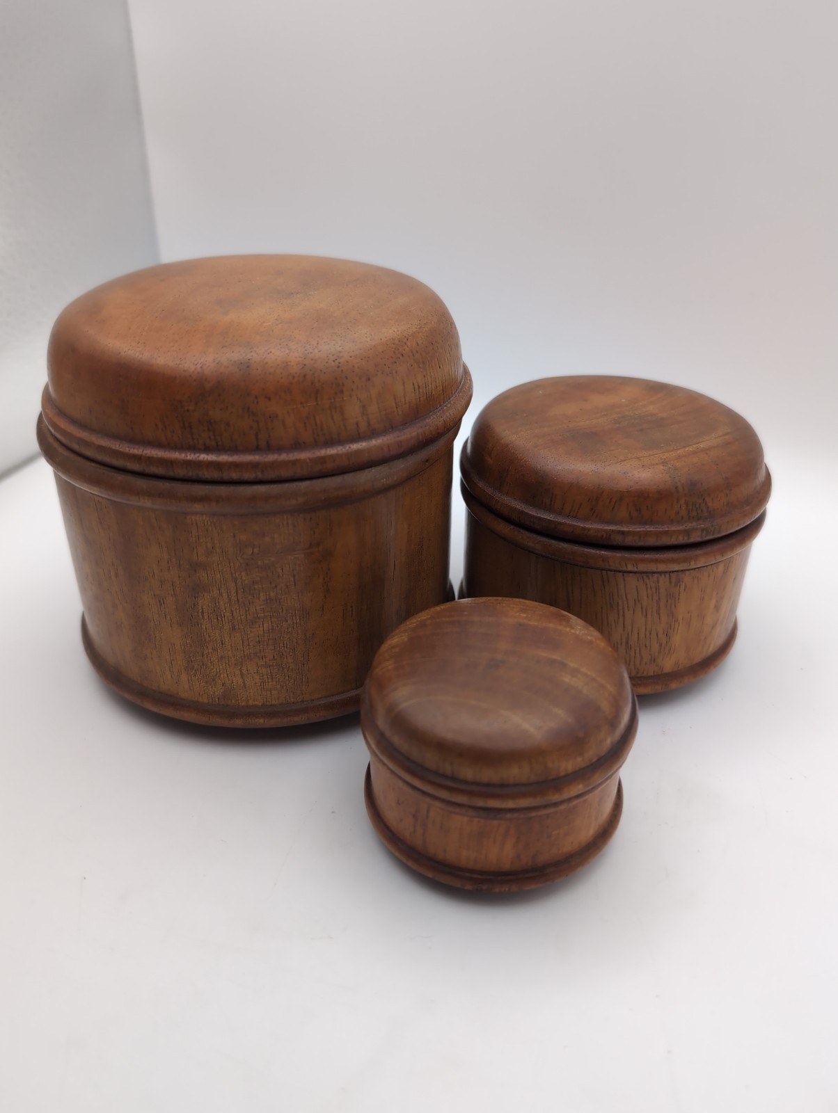 Vintage Hand Turned Solid Walnut Wood Lidded Canister Jars Set 3 Trinket Boxes