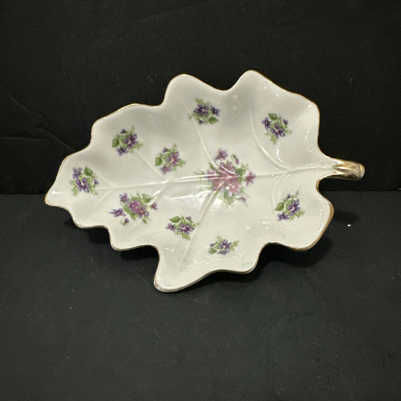 Vintage Lefton Hand Painted Violets Leaf Shaped Dish