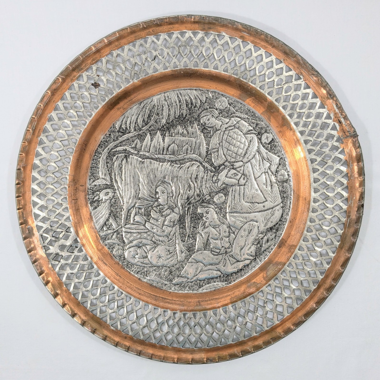 Vintage Persian Art Copper Silver Tone Tray Handmade Display Piece 