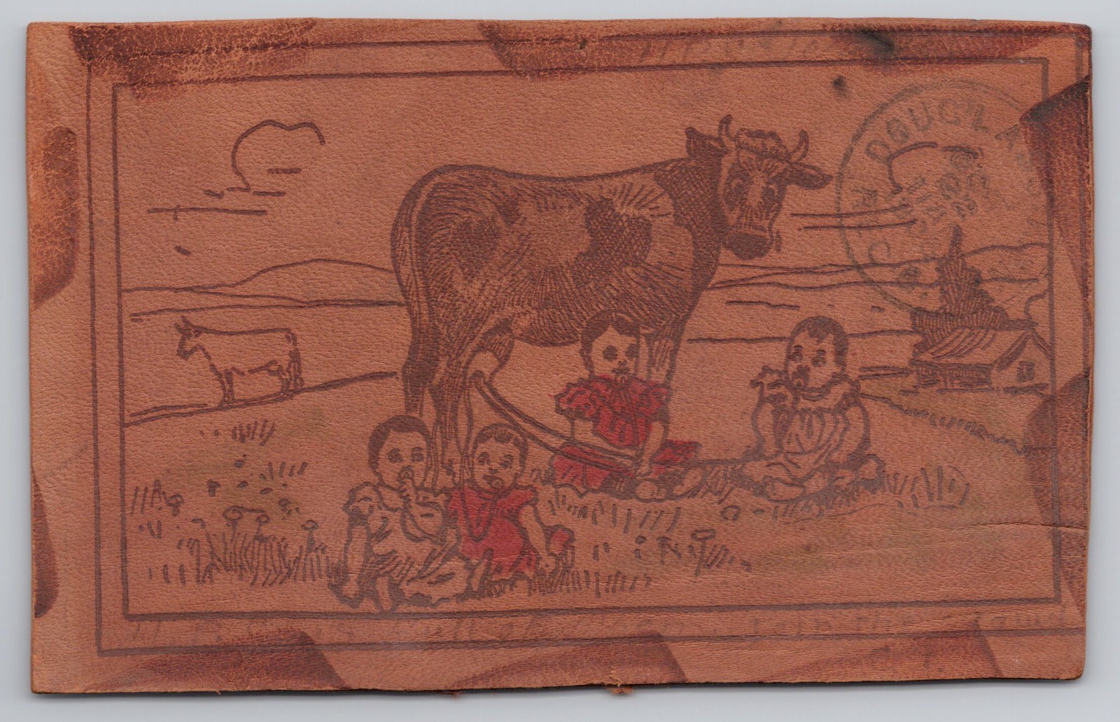 Children With Cow Farmyard Scene Early 1900s Comic Leather Postcard