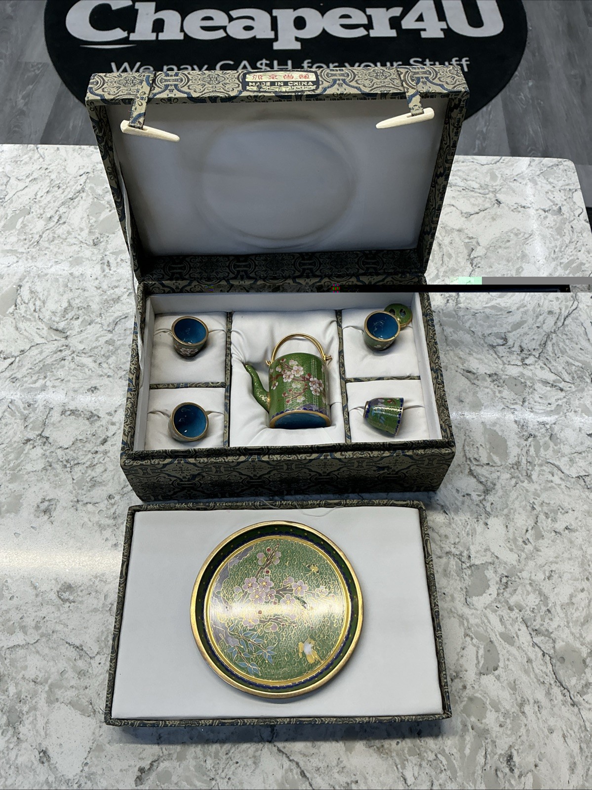 Miniature Chinese Tea Set in Silk Box Green  1970's