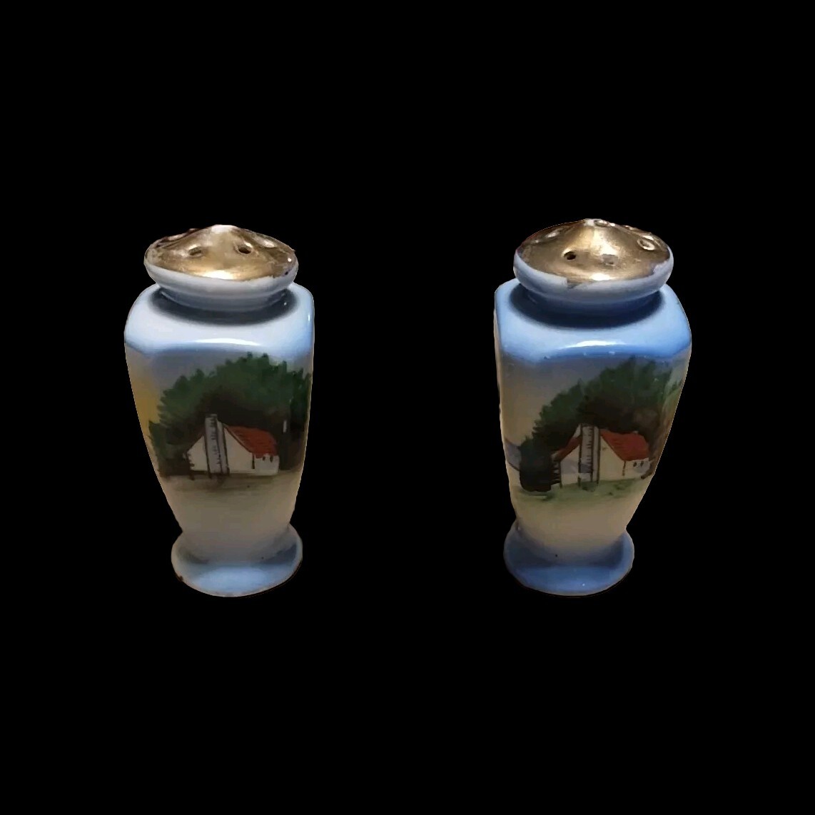 Pre WW1 Hand Painted Barn Tree Scene Blue Gold Salt Pepper Shakers Japan 3” Tall